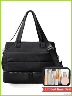 Puffer Gym Bag Nylon Duffel with Shoe Compartment & Toiletry Bag